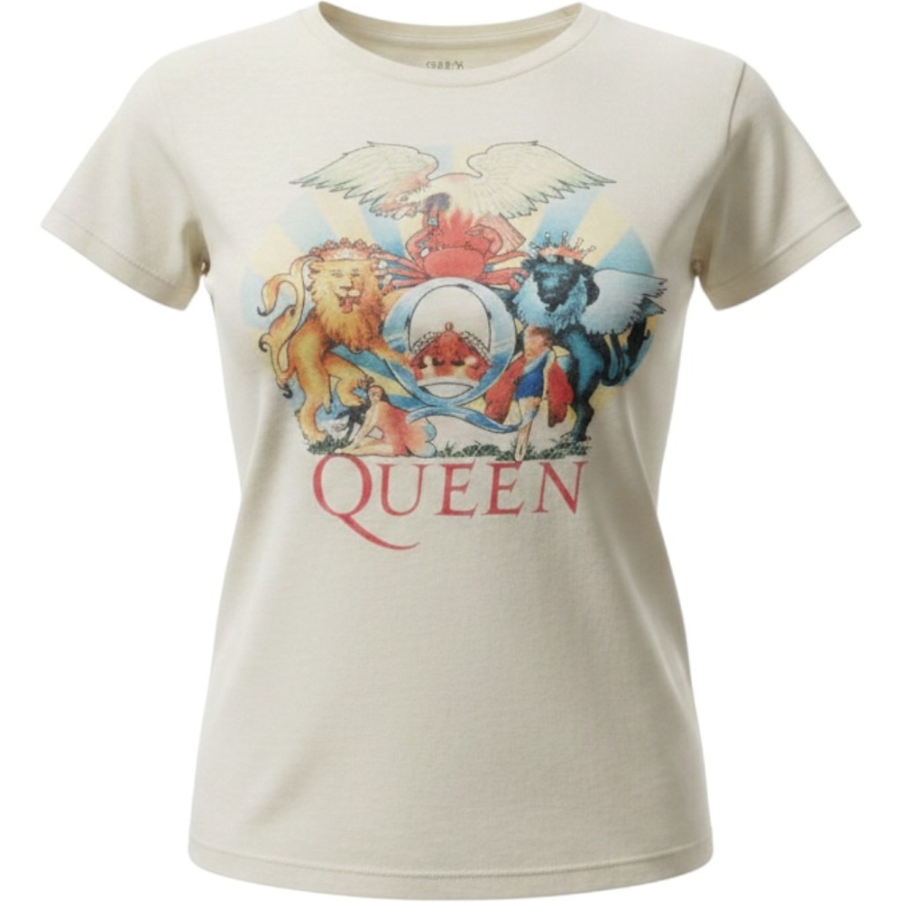 Lucky Brand Queen Band Tee Women Medium Cream Good Crest Graphic Rock Shirt